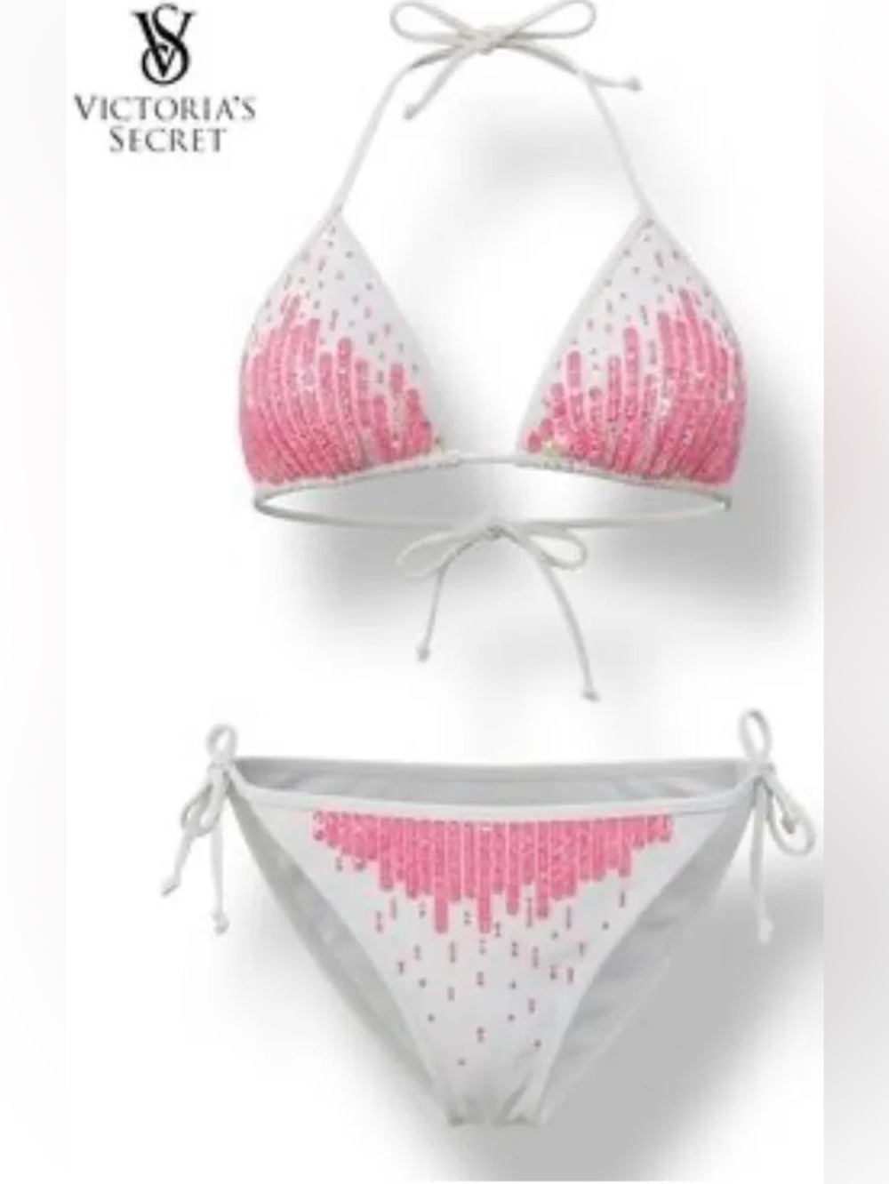 New Y2K Victoria's Secret Sequined Bikini Sz M Medium White & Pink Triangle Top